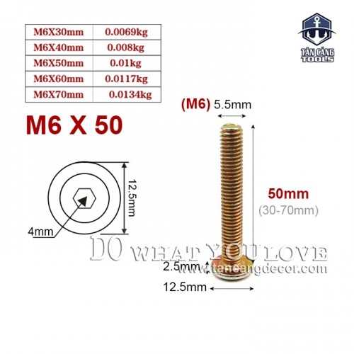 Bulong Lục Giác Chìm M6 x 50 mm – 25 Con